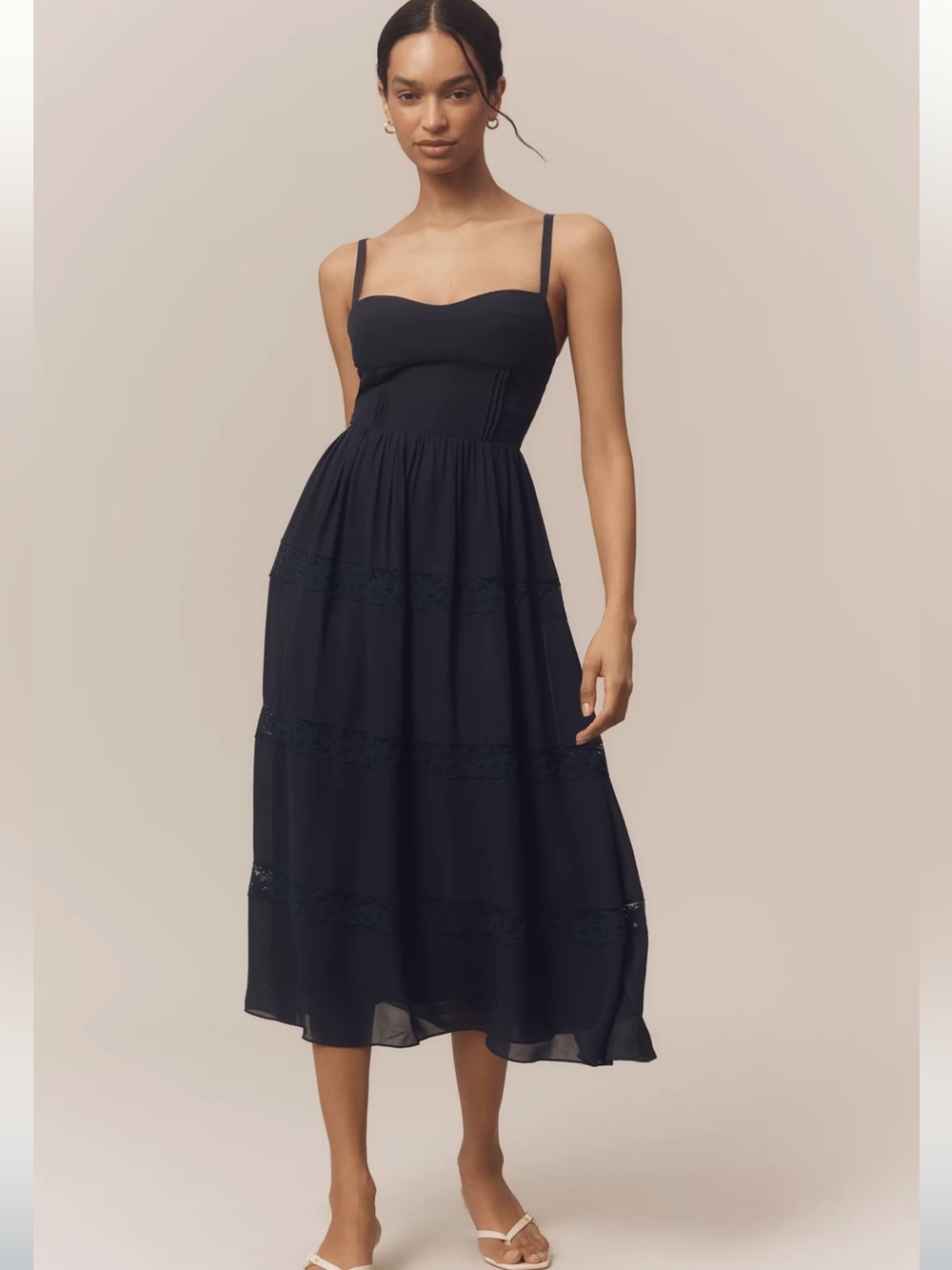 Reformation Dina Dress - Navy Midi Dress with Lace Trim